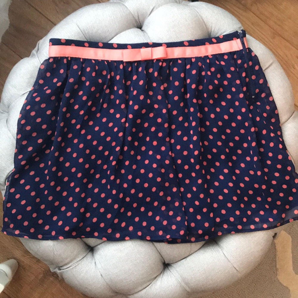 October Sky Navy Salmon Polka Dot Pleated Mini Skirt Bow Belt Preppy